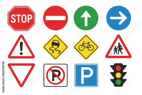 Vector collection of road signs and symbols: stop, no entry, right arrow, warning exclamation, slippery road, bicycle, children crossing, yield, parking, no parking, traffic light icons