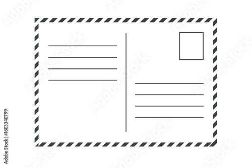 Postcard reverse side template. Blank postal card back with address lines and stamp place. Vintage travel mail correspondence vector. Empty letter for message design.
