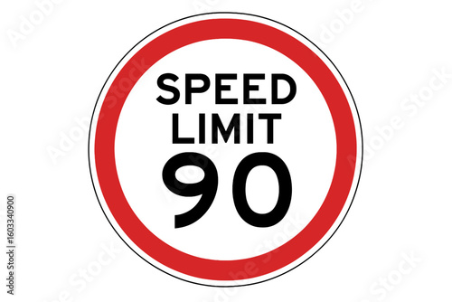 ISO standard road traffic regulatory sign depicting maximum speed limit 90 kilometres per hour, circular red rim and white interior, editable vector illustration safety symbol