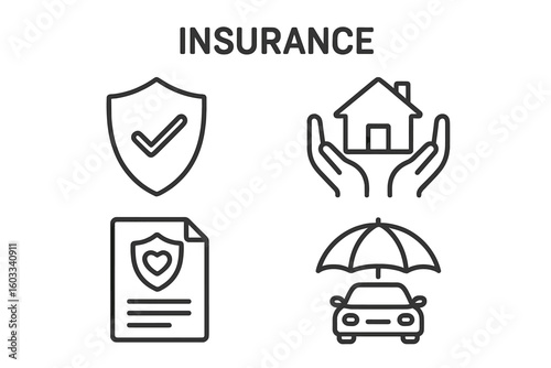 Insurance line icon set. Car, home, life, and health insurance concepts. Protection, security, and safety symbols. Vector illustration of policy, property, and auto coverage.