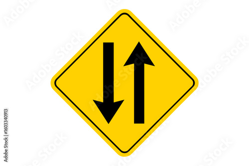Two-way traffic road sign, yellow diamond warning symbol with opposing black arrows, vector illustration of bidirectional lane flow, highway safety signage icon for driving guidance