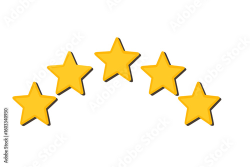 Five yellow stars quality rating symbol. Customer review, feedback, and satisfaction icon. Product and service assessment for best score, grade, and classification concept.