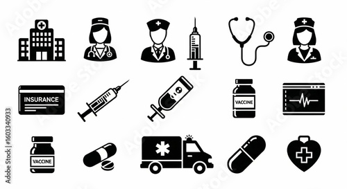 Healthcare Glyph Icon Set – Hospital, Doctor, Nurse, Stethoscope, Syringe, Vaccine, Emergency, Pill Vector

