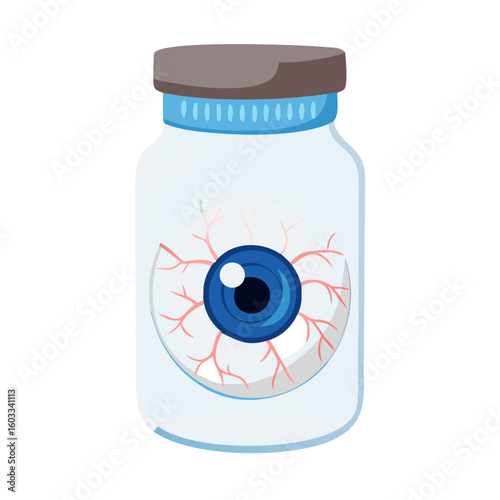 A blue eyeball in a jar with a brown lid vector illustration