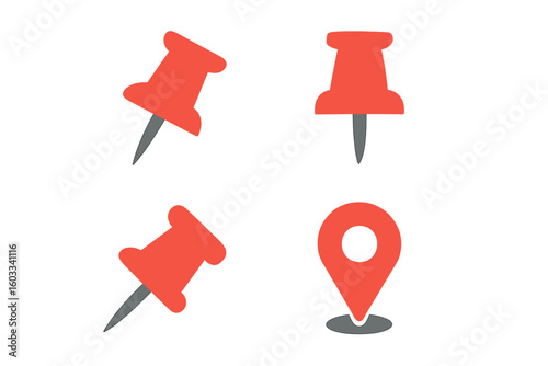 Pushpin flat icons set. Pointer of location on the map. Map pins. Indicative marker for applications, websites. Vector elements. Navigation or direction symbol collection.