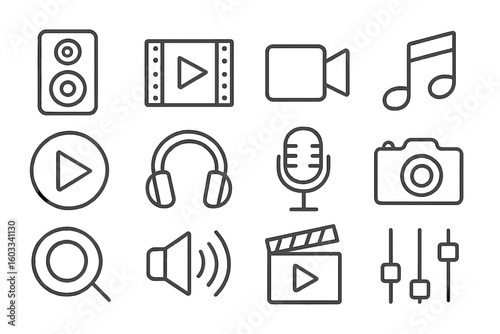 Audio video media multimedia icon set. Thin line icons for web and mobile app design. Music, sound, player, camera, microphone vector symbols. Editable stroke graphics.