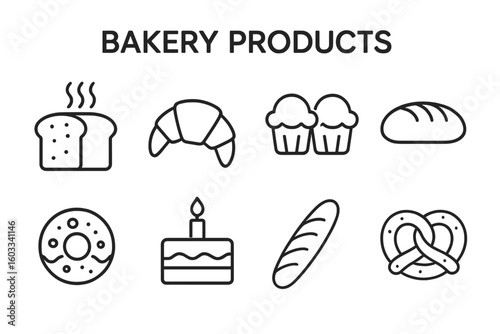 Bakery products icon set. Vector linear icons for web, apps. Bread, croissant, muffin, cupcake, donut, cake, baguette, pretzel. Fresh pastry & sweet baked goods symbols.