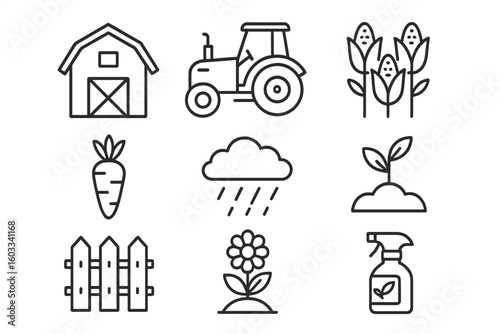 Farming and agriculture icon set. Farm life simple thin line icons. Vector outline graphic elements collection: barn, tractor, corn, carrot, plant, sprout, flower, rain, sprayer.