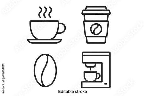 Coffee line icons set. Vector symbols for cafe menu, coffee shop, and beverage. Editable stroke. Hot drink, espresso, latte, cappuccino, coffee maker, and bean icons.