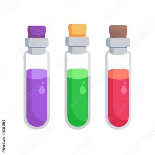 Three cartoon test tubes with purple green and red liquids isolated