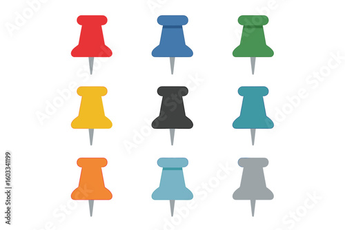 Pushpin Flat Icon Set, Location Pointers, Map Pins, Indicative Markers for Apps, Websites, Navigation, Geographic Positioning, Vector Elements for Digital Maps and Interfaces