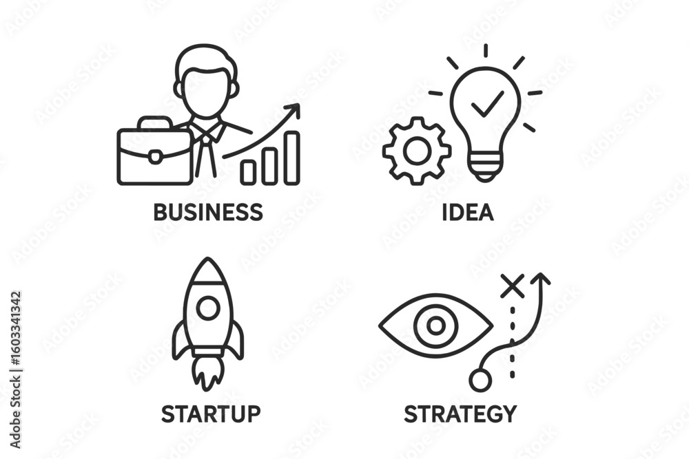 Startup icon set for business development and project launch. Line icons for strategy, innovation, idea generation, and growth. Vector symbols for entrepreneurship. Startup icon set for business development and project launch. Line icons for strategy, innovation, idea generation, and growth. Vector symbols for entrepreneurship.