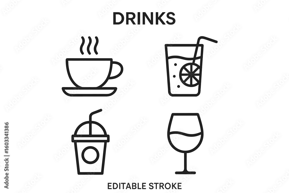Vector drink icons set in thin line style. Coffee cup, wine glass, smoothie, lemonade signs. Beverage collection for cafe menu, bar, web design and apps. Editable stroke.