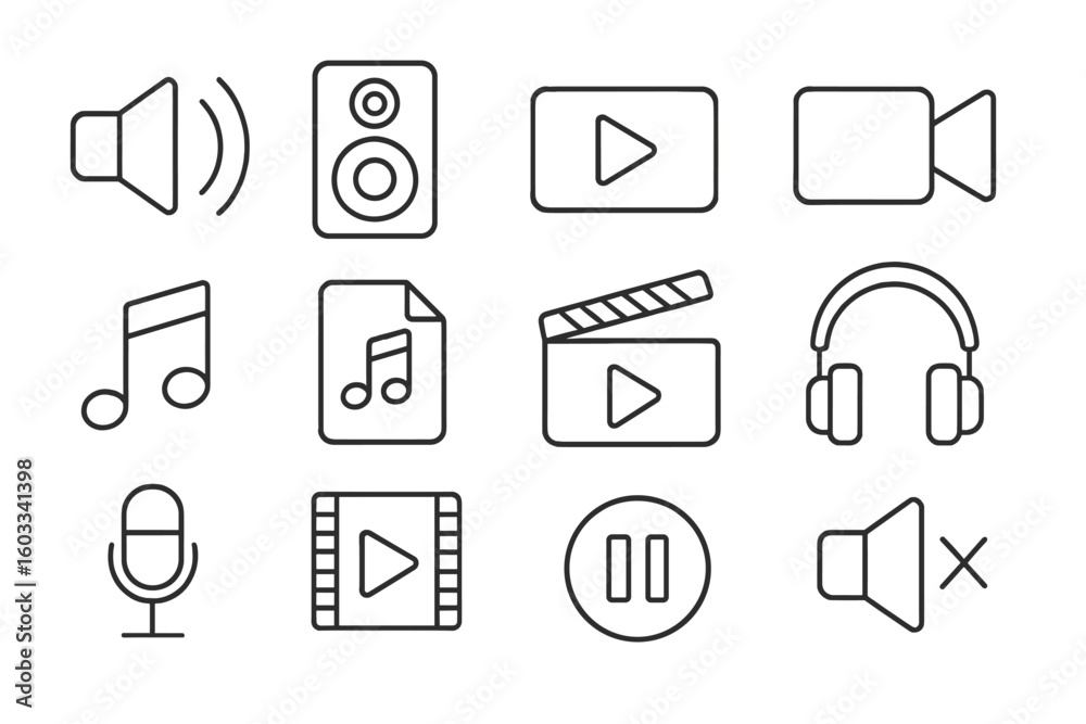 Audio and video line icon set. Media player interface elements. Sound, music, film and movie symbols for web and app. Editable stroke vector outline pictograms collection. Audio and video line icon set. Media player interface elements. Sound, music, film and movie symbols for web and app. Editable stroke vector outline pictograms collection.
