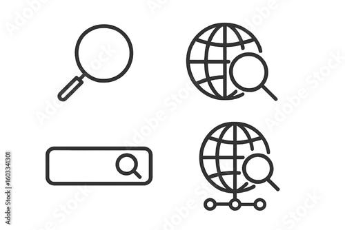 Search icon set. Magnifying glass line icons for web and internet search. Find information symbol. Global search with globe icon and search bar for website and application UI.