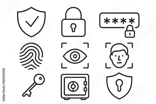 Security line icons set. Cyber security and data protection concept. Shield, padlock, password, key, and safe. Biometric authentication with fingerprint, face ID, and eye scan.
