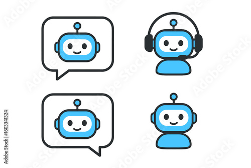 Chatbot icon set. Cute robot head character for customer support and online service. AI assistant in speech bubble and with headset for virtual consultation. Flat vector.