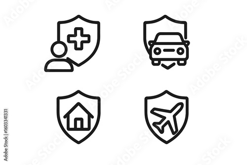 Insurance icon set. Health, car, home, and travel insurance symbols. Protection and safety concept for life, auto, property, and flight. Vector line art pictogram.