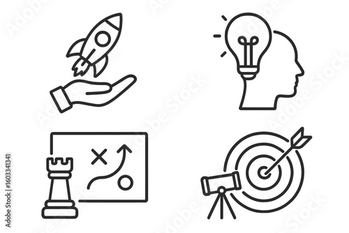 Startup icon set for business. Line icons for launch, innovation, strategy, and goals. Concepts for development, planning, vision, mission, and success. Rocket, idea, target.
