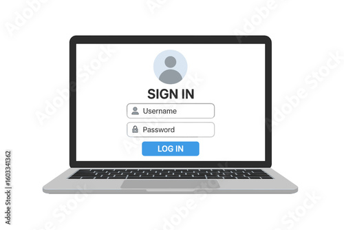 Login form illustration on laptop screen. User interface for website and mobile apps. Sign in page with username, password fields. Secure account authentication vector. Cybersecurity.
