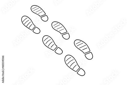 Footprints path vector icon. Human shoe prints trail. Walking forward concept. Steps sequence illustration. Bootprint silhouette for journey, direction, progress, following.