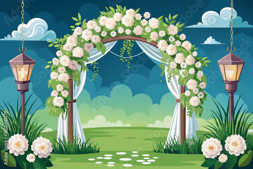 vector of Wedding decor. venue The arch is full of beautiful flowers with white blossoms and a white net, grass and two beautiful lanterns.