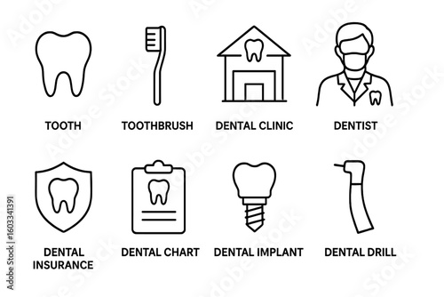 Dental care icon set. Simple outline icons for dentistry. Tooth, dentist, clinic, implant, drill, insurance, toothbrush. Vector symbol collection for web and graphic design.