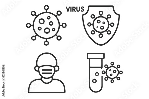 Virus protection icon set. Coronavirus prevention, immune system, medical test tube, face mask symbols. Covid-19 pandemic safety signs. Editable outline vector icons.