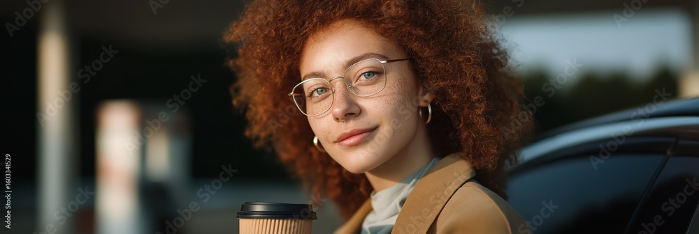 Fototapeta premium Young caucasian female with curly hair and glasses holding coffee outdoors