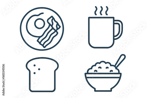 Breakfast food line icon set. Morning meal collection with bacon, egg, coffee, toast and oatmeal. Simple outline pictogram for web, app, ui. Vector graphic illustration.
