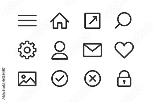Web and mobile UI UX icon set. Basic universal interface symbols for app and website navigation. Simple linear pictogram collection with editable outline. Minimal vector design elements.