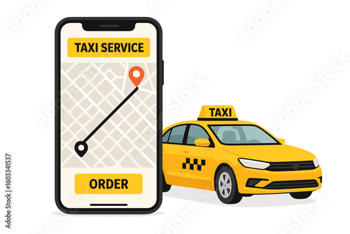 Online taxi ordering service concept. Smartphone with mobile app for booking a cab. Yellow taxi car and phone with map, route, and pin. Ride sharing and transportation.