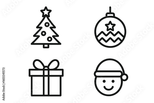 Christmas and New Year line icon set. Winter holiday symbols collection. Xmas tree, gift box, bauble ornament and Santa face. Simple minimal vector illustration for design.