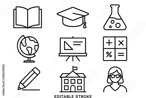 Education school line icon set. Study, learning, science pictogram collection. University, graduation cap, book, globe, teacher, math, chemistry vector elements for web, app.