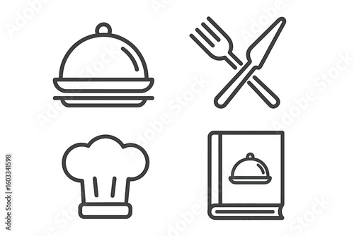 Restaurant food cooking icon set. Chef hat, kitchen utensil, menu book, fork, knife, dish. Culinary symbol. Eat, dinner, lunch, cafe, catering, gastronomy concept vector.