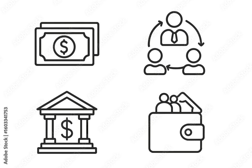 Business and finance line icon set. Money, cash, and payment symbols. Bank, investment, and savings icon. Teamwork, collaboration, and business process workflow concept. Business and finance line icon set. Money, cash, and payment symbols. Bank, investment, and savings icon. Teamwork, collaboration, and business process workflow concept.
