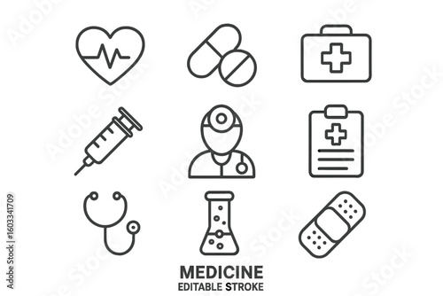 Medical Line Icons Set – Heartbeat, Pills, Doctor, Stethoscope, Syringe, First Aid Kit, Medical Report, Laboratory Flask, Bandage. Editable Stroke. Healthcare Symbols for Web, Apps, Graphic Resources.