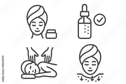 Beauty and spa line icon set. Skincare cosmetics and massage therapy vector symbols. Facial treatment, anti-aging serum, skin rejuvenation and body care pictograms for web.