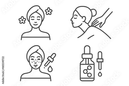 Beauty and spa line icon set. Skincare, facial treatment, and massage therapy icons. Cosmetics, serum, hyaluronic acid, and acne treatment vector symbols for web design.