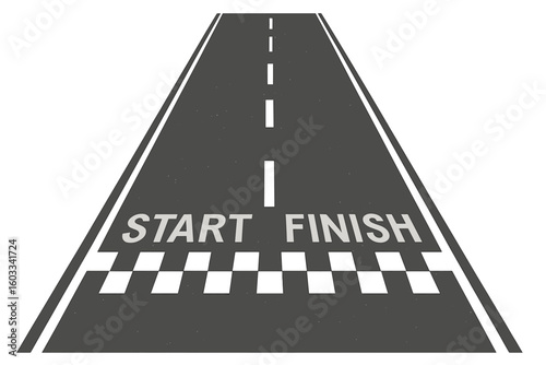 Start and finish line on an asphalt race track. Highway road in perspective. Motorsport competition concept. Metaphor for business journey, career path, challenge, and success.