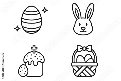 Easter thin line icon set. Spring christian holiday symbols collection. Cute bunny, painted egg, traditional orthodox paska cake, gift basket. Editable vector graphics.