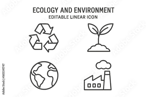 Ecology and environment editable linear icon set. Recycle symbol, plant sprout, earth globe, and factory pollution. Sustainability, green energy, and climate change concept.