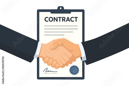 Business contract agreement concept. Businessman handshake over a signed document with a seal. Partnership and successful deal negotiation vector illustration. Paperwork on clipboard.