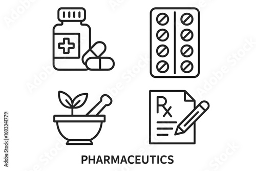 Pharmaceutics and medicine line icon set. Pharmacy, healthcare, and prescription concept. Vector symbols of pills, medication, mortar and pestle, Rx recipe for web and apps.