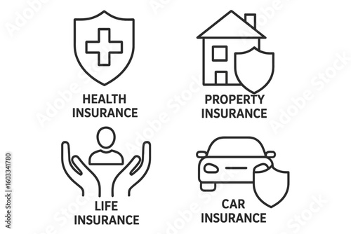Insurance icon set with health, property, life, and car insurance concepts. Vector line art symbols for protection, safety, and security. Editable outline graphic elements.