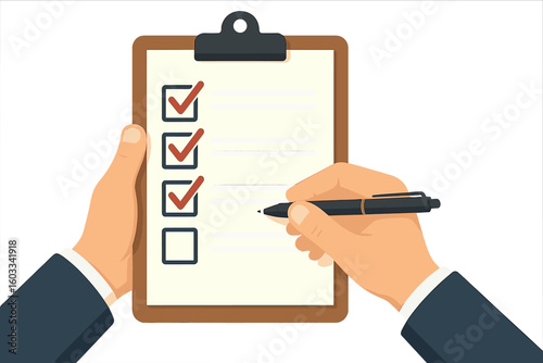 Checklist clipboard in hand. Man with pen marks checkbox. Business concept of task done, to do list, survey, evaluation, report, agreement, planning, and productivity.