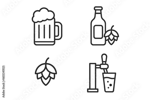 Craft beer brewing line icon set. Frothy pint mug, lager bottle with hops, draught beer tap glass, hop cone. Vector outline for pub menu, Oktoberfest, bar, brewery.