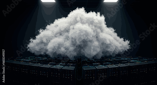 Cloud computing concept with data servers and digital cloud in a dark server room