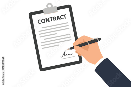 Businessman hand signing contract document on a clipboard. Business agreement, deal, partnership, legal commitment concept. Signing paperwork, new job. Flat vector illustration.