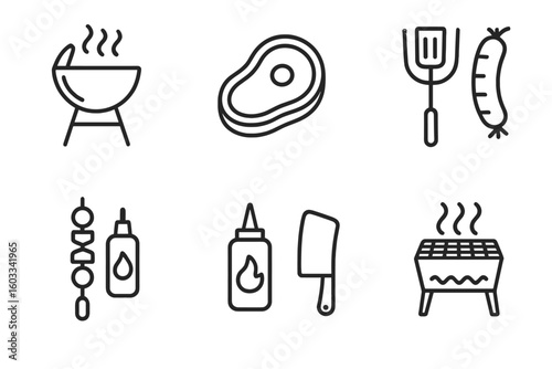 BBQ grill icon set for summer party. Barbecue food elements steak, sausage, and kebab. Cooking utensil, cleaver, sauce. Vector line art for picnic and outdoor cookout concept.